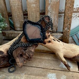 Double-Sided Agate Slice Crocheted Rustic Bohemian Cuff Bracelet NEW